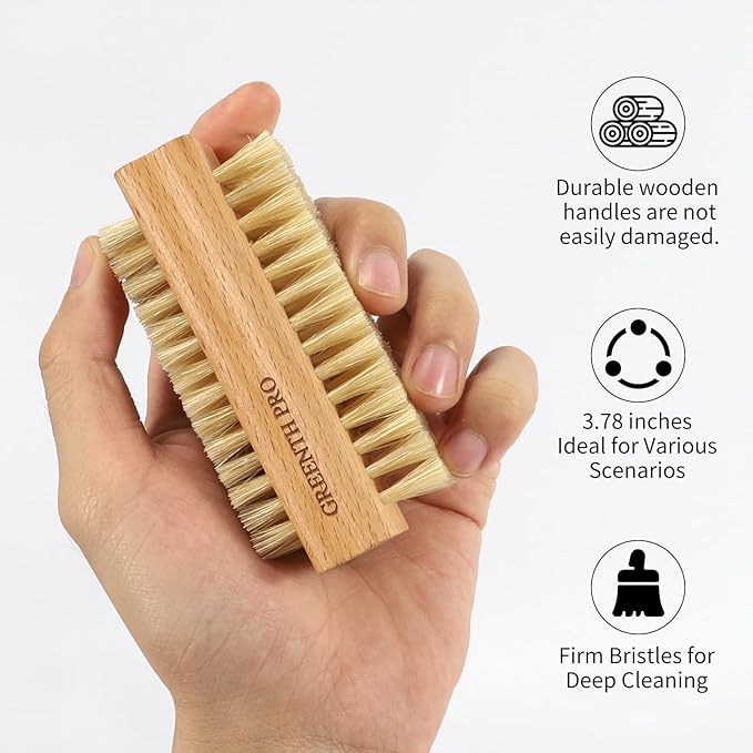 2 Pack Firm Boar Bristle Nail Brush, Hard Beech Wood Handle, Two Sided