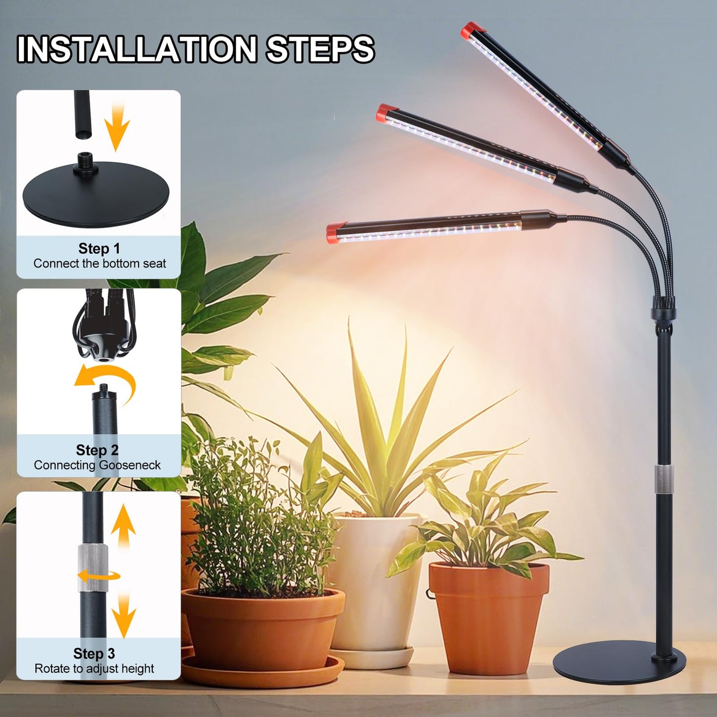 FRGROW 3Head Tabletop Grow Lights for Indoor Plants, Seed Starting, Vegetables, Bonsai, Bright Desk Plant Growing Lamps, 4/8/12/16/20H Timer, 27 Watt Power Draw, NO Need Adapter, 360° Gooseneck