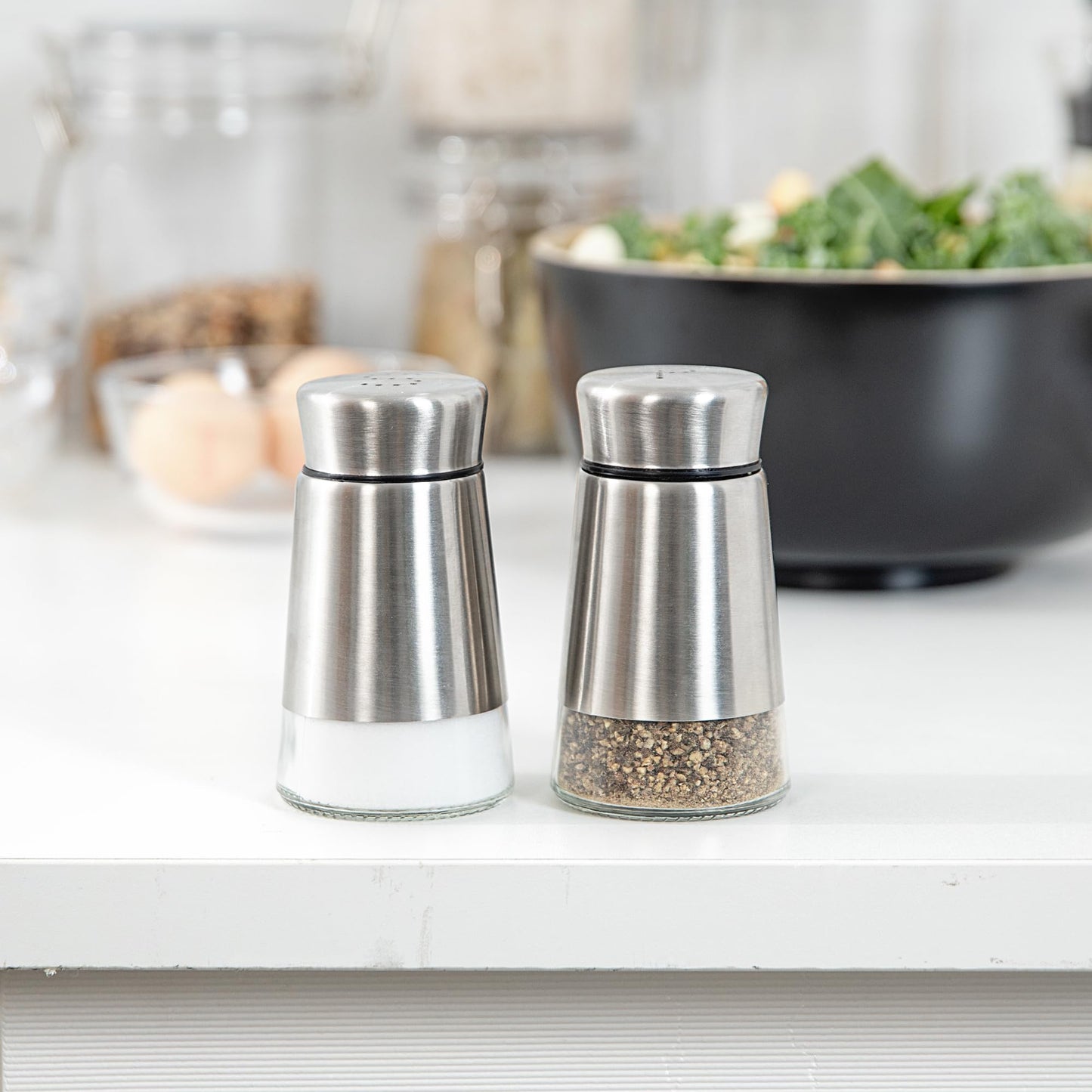 Restaurantware-Met Lux 2 Ounce Salt And Pepper Dispensers, 1 Refillable Salt And Pepper Shaker Set - "S" And "P" Pour Holes, Clear Glass Bottom, Stainless Steel Spice Dispensers, With Screwable Lid