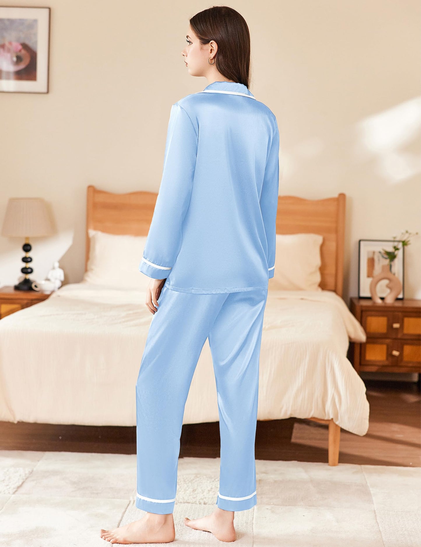 Ekouaer Satin Pajamas Set for Women Long Sleeve Pants Pj 2 Piece Lounge Set