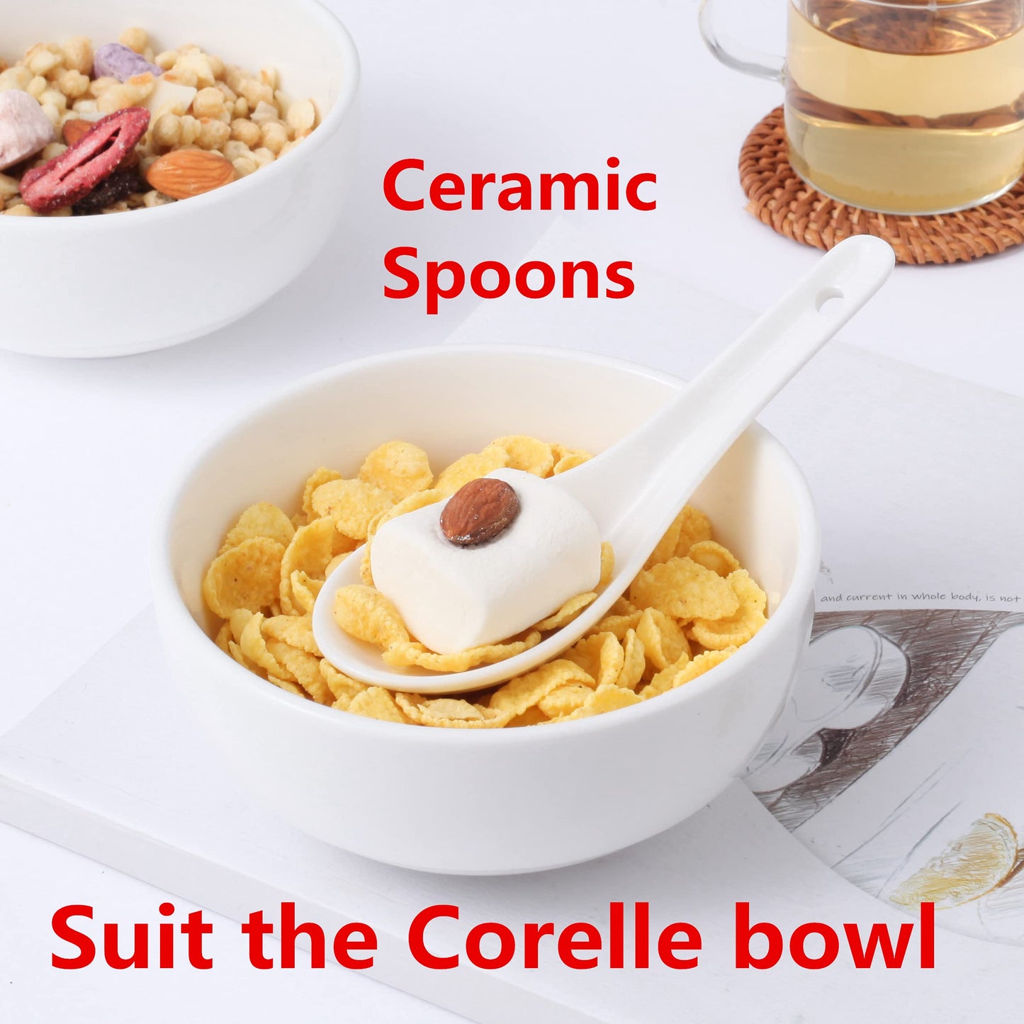 HAPPY KIT Asian Soup Spoons Set of 12, Ceramic Ramen Spoons Set Proper for Corelle Pho Miso Wonton Ramen Dumpling Macaron Dishwasher & Oven Safe