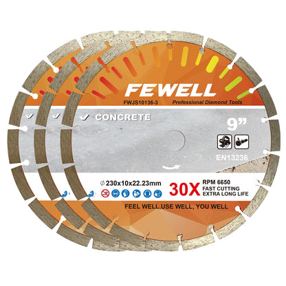 FEWELL 9 Inch Diamond Blade, Segmented General Purpose Blade Dry/Wet Cutting Concrete, Masonry, Brick, Block，Stone (3 Packs)