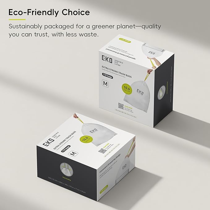 EKO 10.6 Gallon / 35–40 Liter Drawstring Trash Bags, Extra-Strong Leak-Resistant