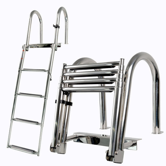 Manumarine 4 Step Heavy Duty 316 Stainless Steel Boat Ladder | Telescoping Folding Rear Entry Dock Swim Deck Ladder with Handrails & Extra Wide Steps, 600lbs Capacity Marine Grade