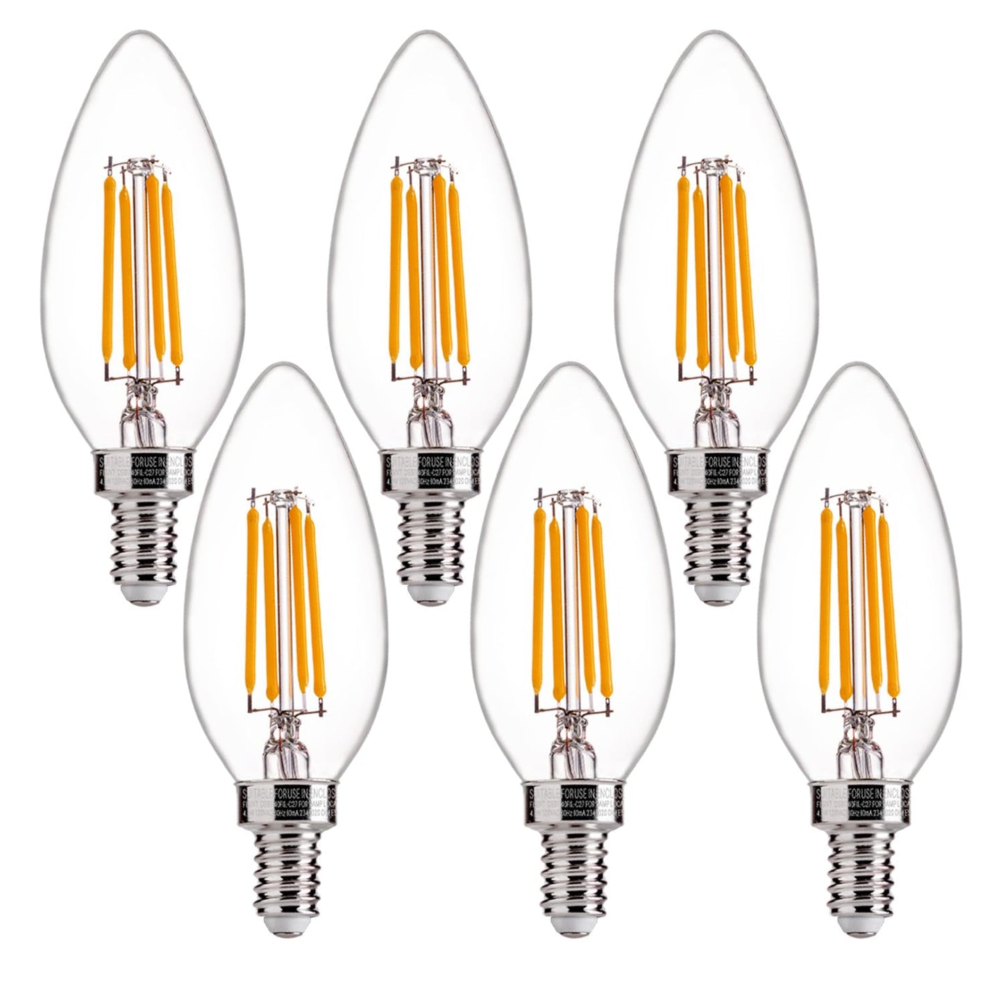 FLSNT 60W Equivalent LED Chandelier Light Bulbs, Dimmable, E12 Base, Clear B11 LED Filament Candelabra Bulbs, 2700K Soft White, 6 Pack