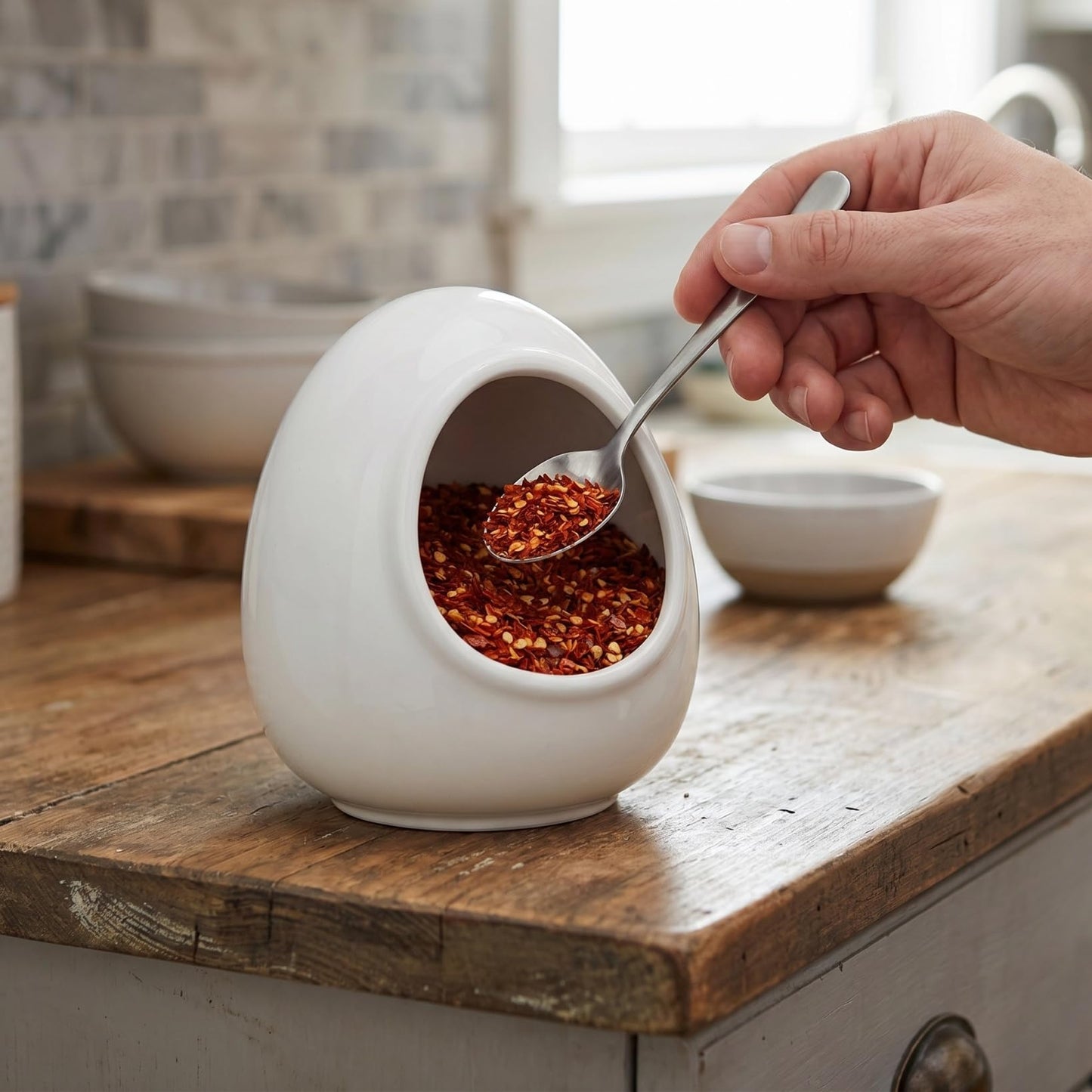MAGICLULU Salt Pig, 1pc Egg Shaped Salt Cellar Crock, Ceramic Countertop Spices Storage Container, White Condiment Jar For Kitchen, Restaurant Hot Pot Seasoning Server, Chili Oil Sugar Bowl