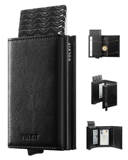 VULKIT Credit Card Holder RFID Blocking Leather Bifold Mens Wallet Automatic Pop Up with Banknote Compartment (Origin Black)