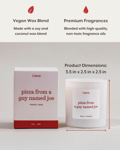 Literie NYC Inspired Scented Candle: Pizza from a Guy Named Joe - Tomato & Basil Scent, 9oz, 50 Hour Burn, Vegan Soy & Coconut Blend Candle for Home Decor, Gift for Women & Men