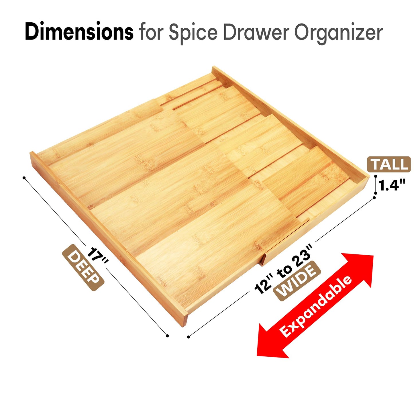 Bamboo Spice Drawer Organizer, (Need 3.1” Deep Drawer) Expandable 4 Tier Spice Rack for Cabinet (From 12" to 23" Wide), Seasoning Storage Insert, Spice Organizer for Drawer,Jars Not Included