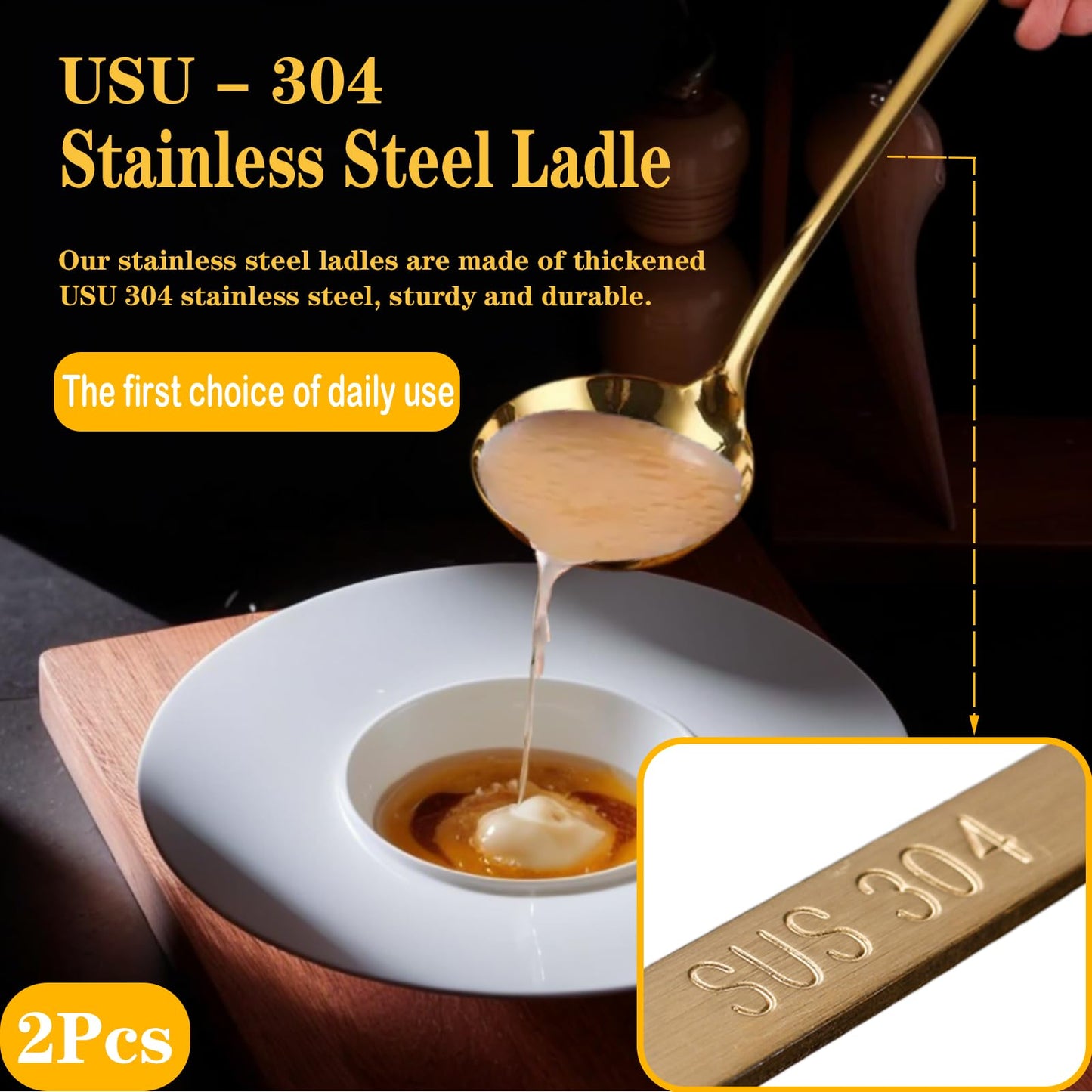 Bigwinyep 2Pcs Soup Ladle Soup Spoons 304 Stainless Steel Gold Ladle, 12.2Inch Long Handle Large Serving Spoon for Cooking Buffet, Party, Kitchen, Gold