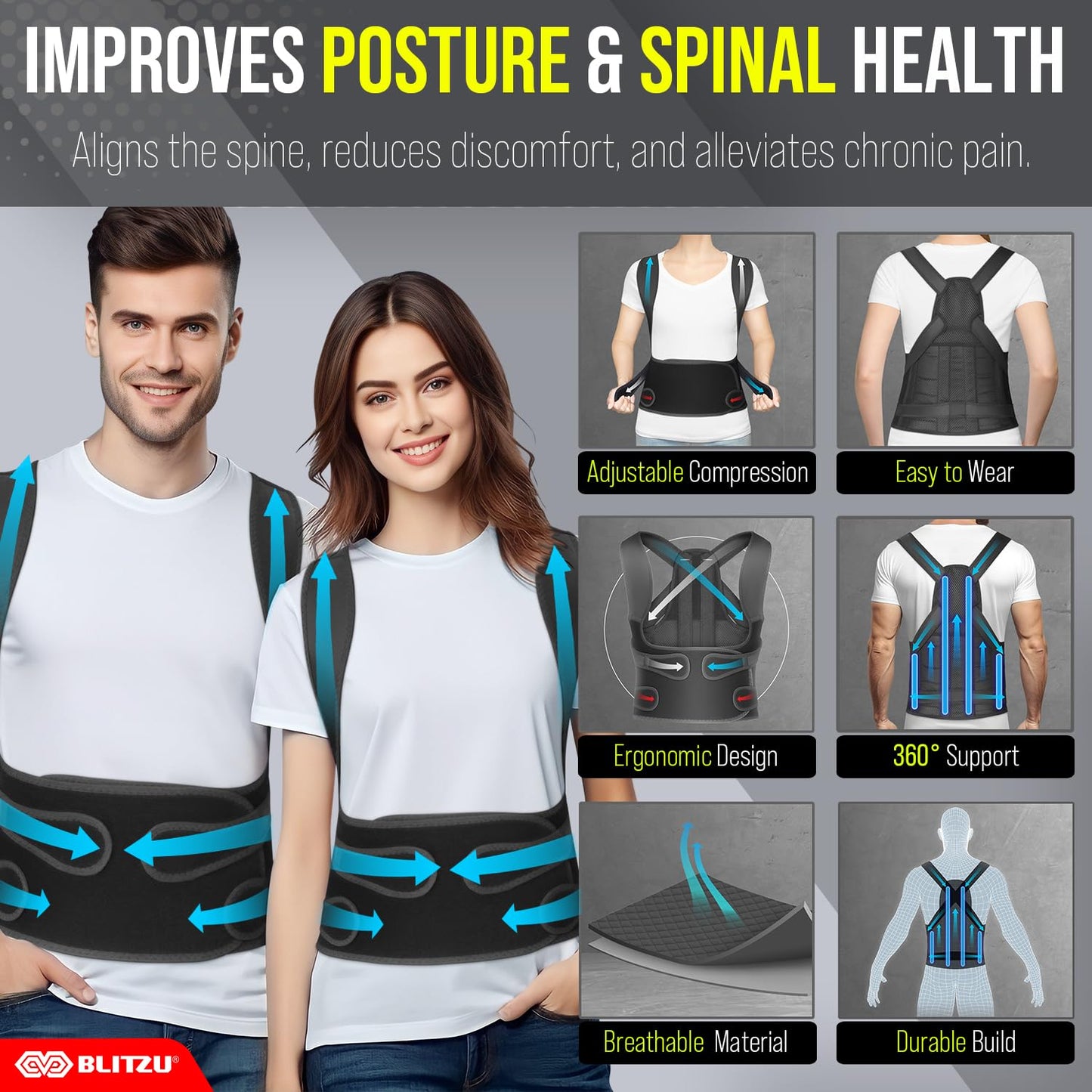 BLITZU Back Brace Posture Corrector for Women and Men. Shoulder Straightener, Adjustable Full Back Support. Upper and Lower Back Pain Relief for Neck Hump, Scoliosis, Spine, Hunchback Correction. M