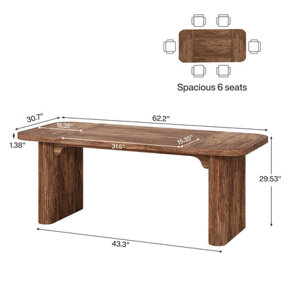 Tribesigns Modern Dining Table for 6 People, 62-Inch Dark Brown Kitchen Table with Double Robust Pedestal, Long Rectangle Wood Dinner Table for Dining Room
