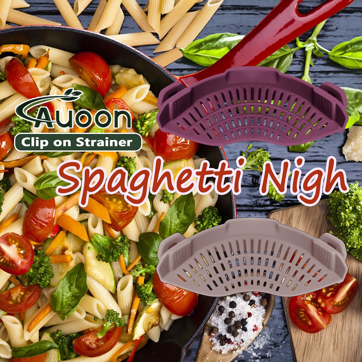 AUOON Clip On Strainer Silicone for All Pots and Pans, Pasta Strainer Clip on Food Strainer for Meat Vegetables Fruit Silicone Kitchen Colander