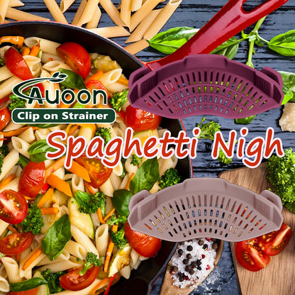 AUOON Clip On Strainer Silicone for All Pots and Pans, Pasta Strainer Clip on Food Strainer for Meat Vegetables Fruit Silicone Kitchen Colander