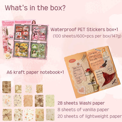 Cullevo 600PCS Spring Floral Scrapbook Stickers – Flower Shadow Spring Breeze Edition with Characters, Junk Journal Supplies + 28PCS Retro Background Paper & A6 Kraft Notebook