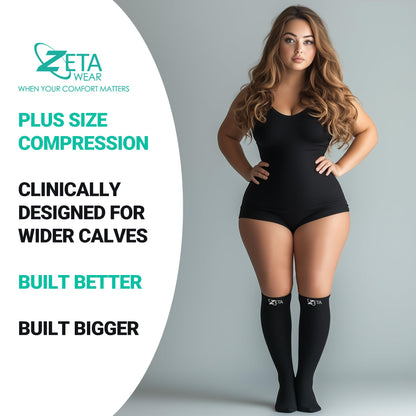 Zeta Wear Plus Size Support Socks - Wide Calf Compression, Great for Travel & Flights, Women Love Its Amazing Fit, Cotton-Rich Comfort & Soothing Relief, 1 Pair, 3XL, Gray
