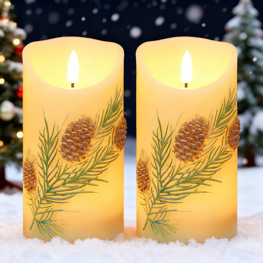Lasumora Pinecone LED Candles with 6H Timer, flameless Candles with Flickering Flame, Waxy Pillar 2 Pack Flickering Acorn Decor Woodsy for Fall Christmas Decor (3 inches x 5.7 inches)