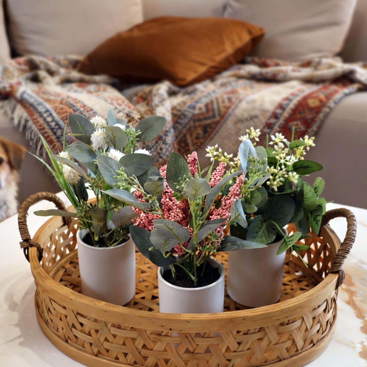 VINSUNI Artificial Plants with White Ceramic Vase, Eucalyptus Leaves and Pink Berry Stems, 3-Pack Fake Flowers for Bathroom Coffee Table Centerpieces