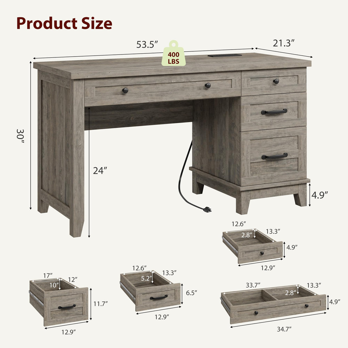 GAOMON 54.5in Wooden Executive Desk with Drawers, Office Desk Computer Table with Charging Station, Farmhouse Home Office Desk with File Cabinet Storage, for Study and Home Office, Rustic Gray