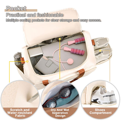 FIORETTO Women's Gym Duffle Bag with Shoes Compartment, 30L Capacity, Ideal for Travel, Gym, Sports, Duffel, Weekender, Beige& Brown