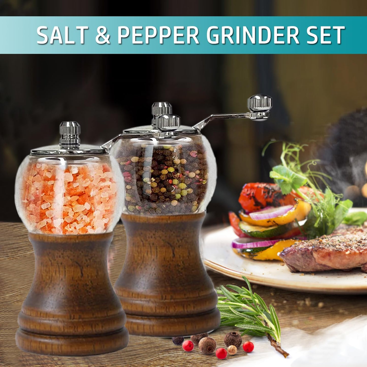 VEIZIBEE Pepper Mill Set Manual Pepper Mills Classical Hand Shake Wooden Pepper Grinder Set Salt Mills Wooden Pepper Mill Ceramic Blades Metal Handle, Enjoy Fresh Ground Pepper (Walnut color 2pcs-5in)