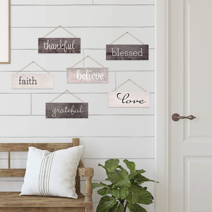 Excello Global Products Hanging Home Decor Sign with Sawtooth Hook and Jute Hanging Rope (Grateful, Love, Believe, Thankful, Faith, Blessed)