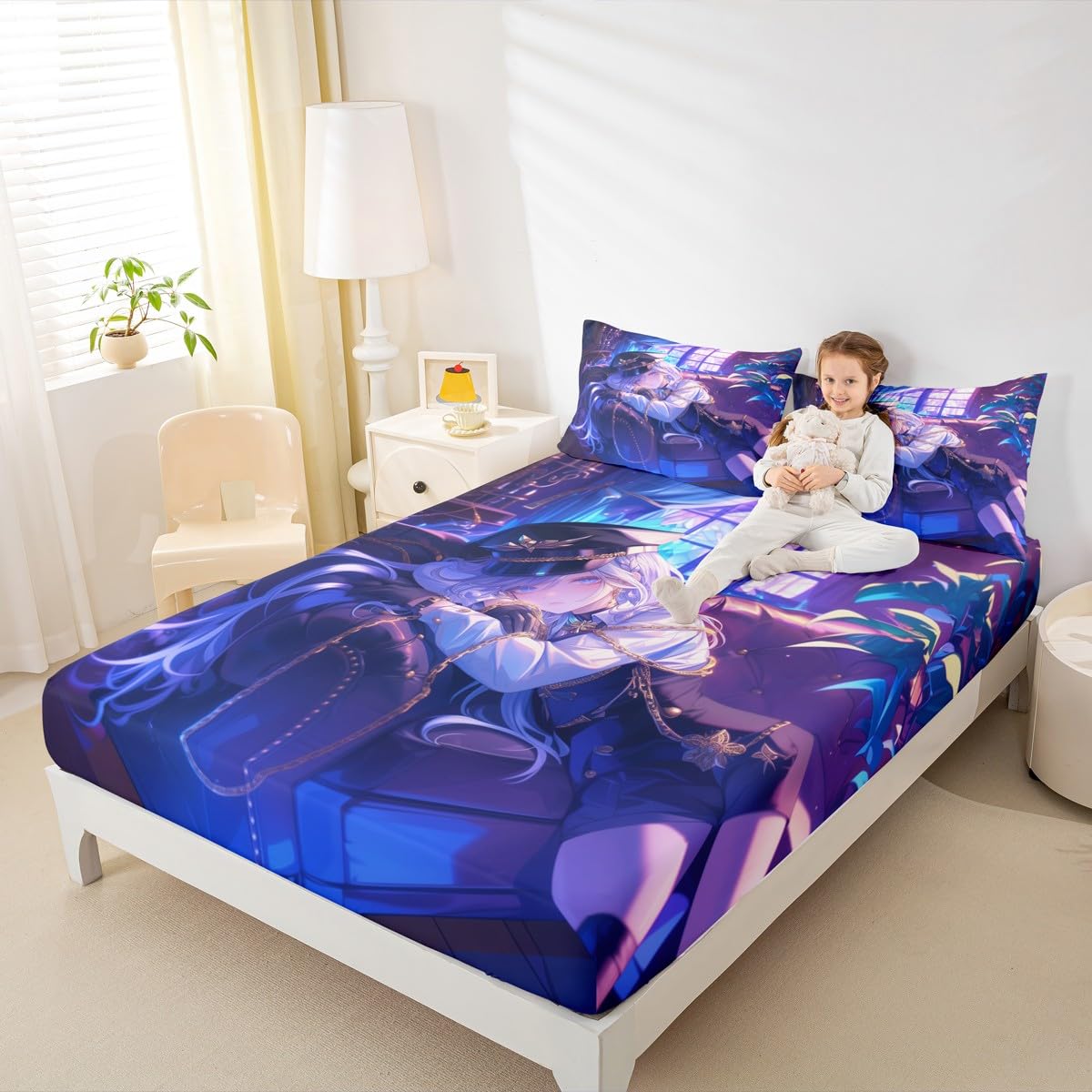 Erosebridal Anime Girl Bed Sheets Twin Size Japanese Anime Sheet Set for Kids Boys Teens Women Bedroom Decor, Cartoon Girl Top Sheet Set Japanese Animation Kawaii Bedding Sets, Purple