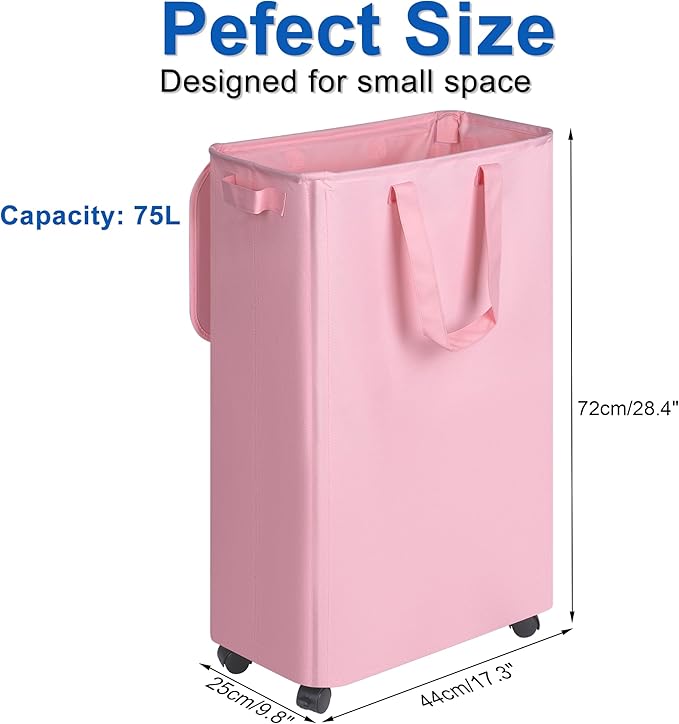 Slim Laundry Hamper with Lid and Wheels, Small Rolling Laundry Basket with