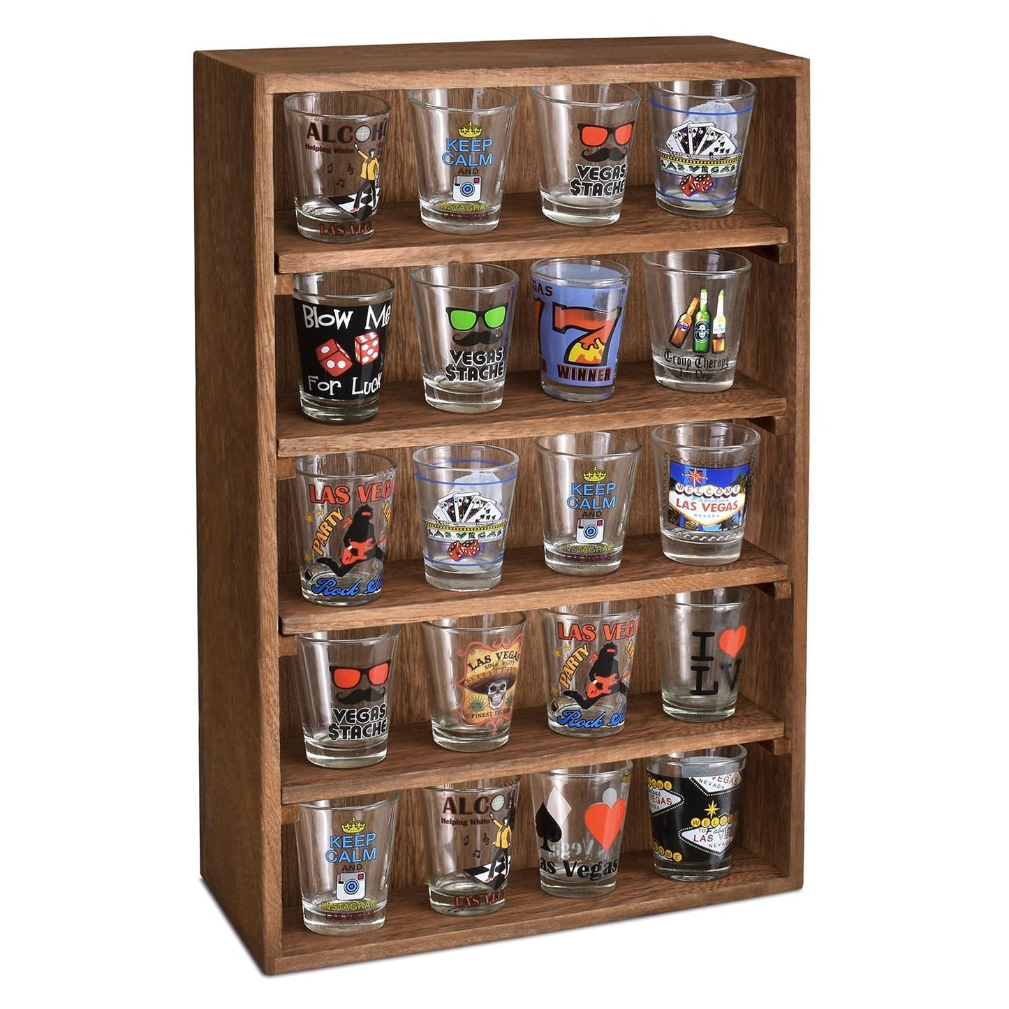 Ikee Design Wooden Wall-Mounted Display Shelves Rack for Collectibles-Figures,Shot Glasses,Spice Can,Cosmetics or Perfume-5 Adjustable Height Shelves,Space-Saving- Brown Color