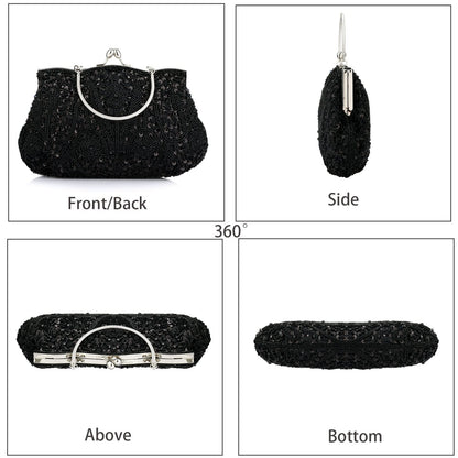 Collection Antique Floral Seed Bead Sequin Soft Clutch Evening Bag Designer Purse Large Clutch Handbag (Black)(Size: One Size)