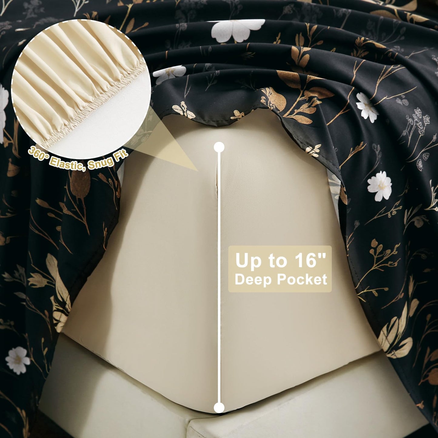 Botanical 6-Piece Full Size Sheets Set, Boho Floral Print Brushed Microfiber Sheets, Cooling Bed Sheet Set, Ultra Soft & Breathable, 16' Deep Pocket Fitted Sheet & Pillowcase Set, Beige Brown Leaves