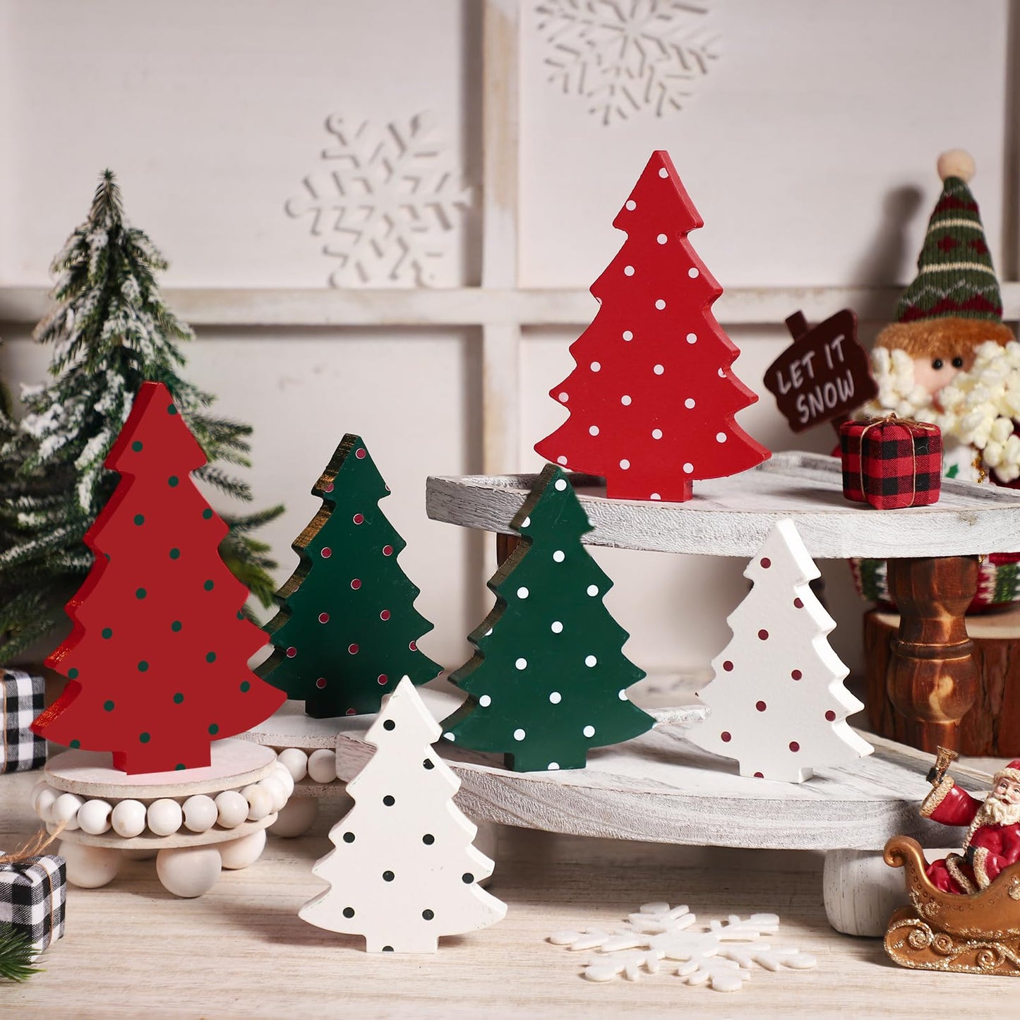 6 Pcs Christmas Tree Wooden Signs Table Decor Rustic Polka Dot Wood Xmas Trees Tiered Tray Decor Mini Buffalo Shelf Centerpiece Tabletop Wood Block Signs for Xmas Holiday Winter Home Decorations