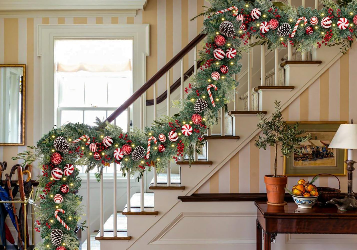 Red and White Christmas Garland 6Ft Christmas Garland Ornaments with 15 Balls, 3 Pinecones, 3 Candy Canes, LED Lights, Christmas Decorations for Fireplace Mantel Staircase Front Door Porch Holiday