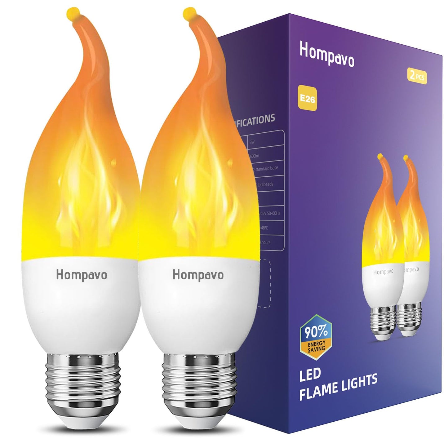 Hompavo Upgraded LED Flame Light Bulbs, 3 Modes Flickering Light Bulbs, E26 Candle Fire Light Bulb for Christmas Halloween Party Porch Indoor & Outdoor Home Decoration - 2 Pack