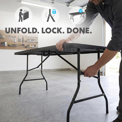 Simpli-Magic 8ft Portable Plastic Folding Table – Indoor & Outdoor Heavy-Duty Foldable Utility Table w/Handle for Party & Camping (Black)
