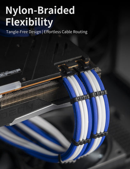 upHere Sleeve Extension Power Supply Cable Kit, Power Supply with Extra-Sleeved 24-PIN 8-PIN 6-PIN 4+4 PIN-Blue/White with Cable Combs(11.8 inch/ 30CM)