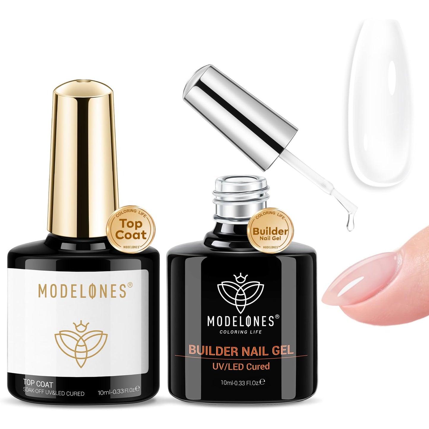 modelones Builder Nail Gel with Gel Top Coat, 3Pcs Clear Builder Nail Kit for Thickening Apex Building Extension Rhinestone Gel Tips Glue, U/V LED Lamp Cured for Home DIY Salon Girls