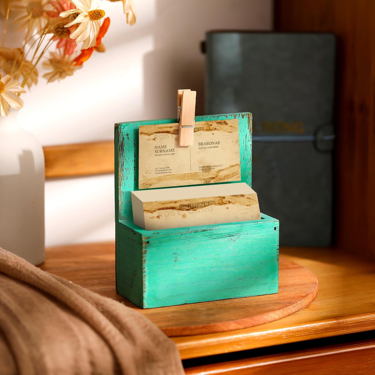 Wonderjune Wood Business Card Holder Vintage Wooden Open Card Stand Farmhouse Desktop Business Organizer Display Stand with Clip for Office Home Counters Tabletop Desk(Green)