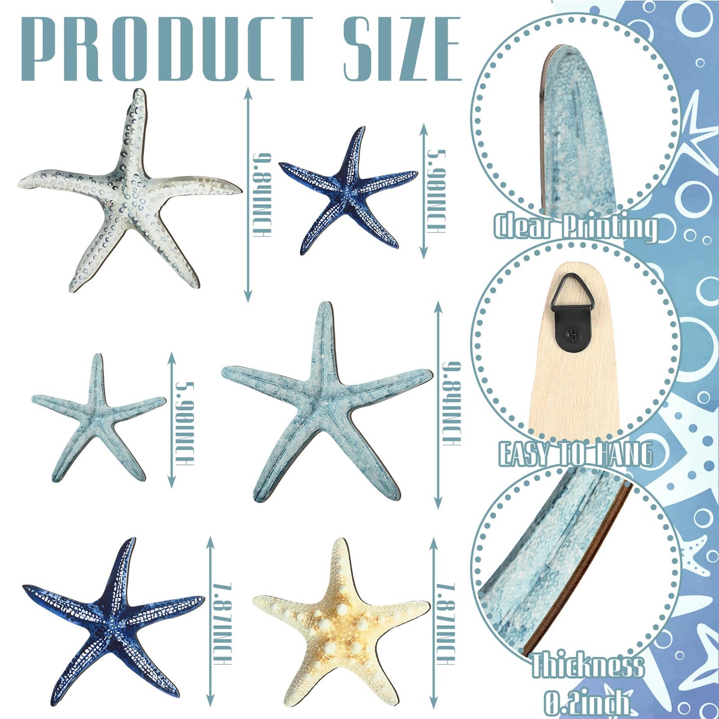 CroBlissful 6 Pcs Summer Starfish Wall Decor Beach Starfish Wooden Wall Art Beach Coastal Wooden Sign with Hook Summer Hanging Decoration for Home Farmhouse Sculpture Indoor Outdoor
