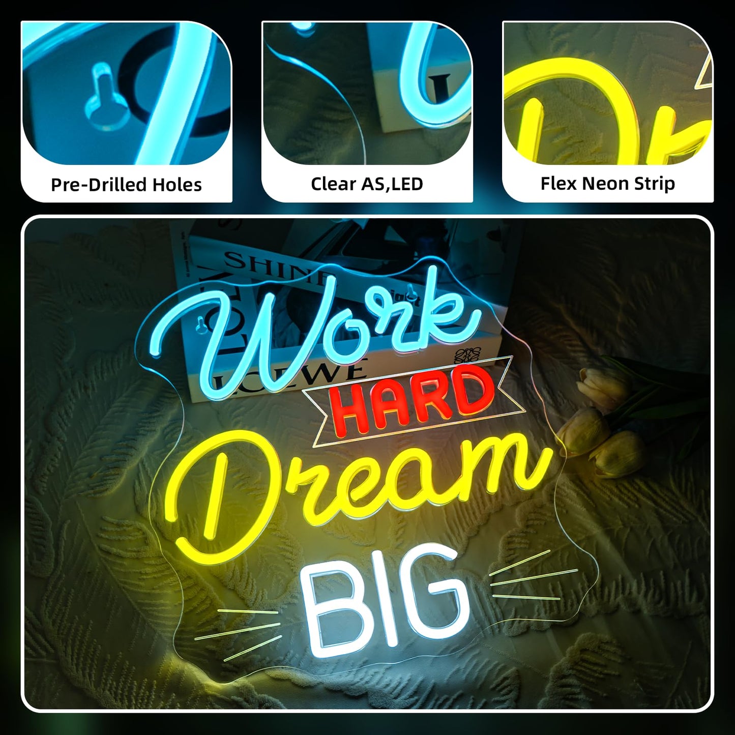 NOSUN Work Hard Dream Big Neon Sign Inspirational slogan personal studio LED Sign Wall Decor Adjustable Brightness Neon Signs USB Connect Neon Light for Bedroom Home Bar Club Hotel Party Decor