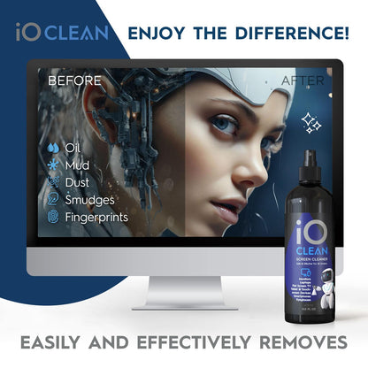 iO Clean Screen Cleaner Spray (16oz - 473ml) Best Large Cleaning Kit for LCD LED OLED TV, Smartphone, iPad, Laptop, Touchscreen, Computer Monitor, Other Electronic Devices, Microfiber Cloth Wipes