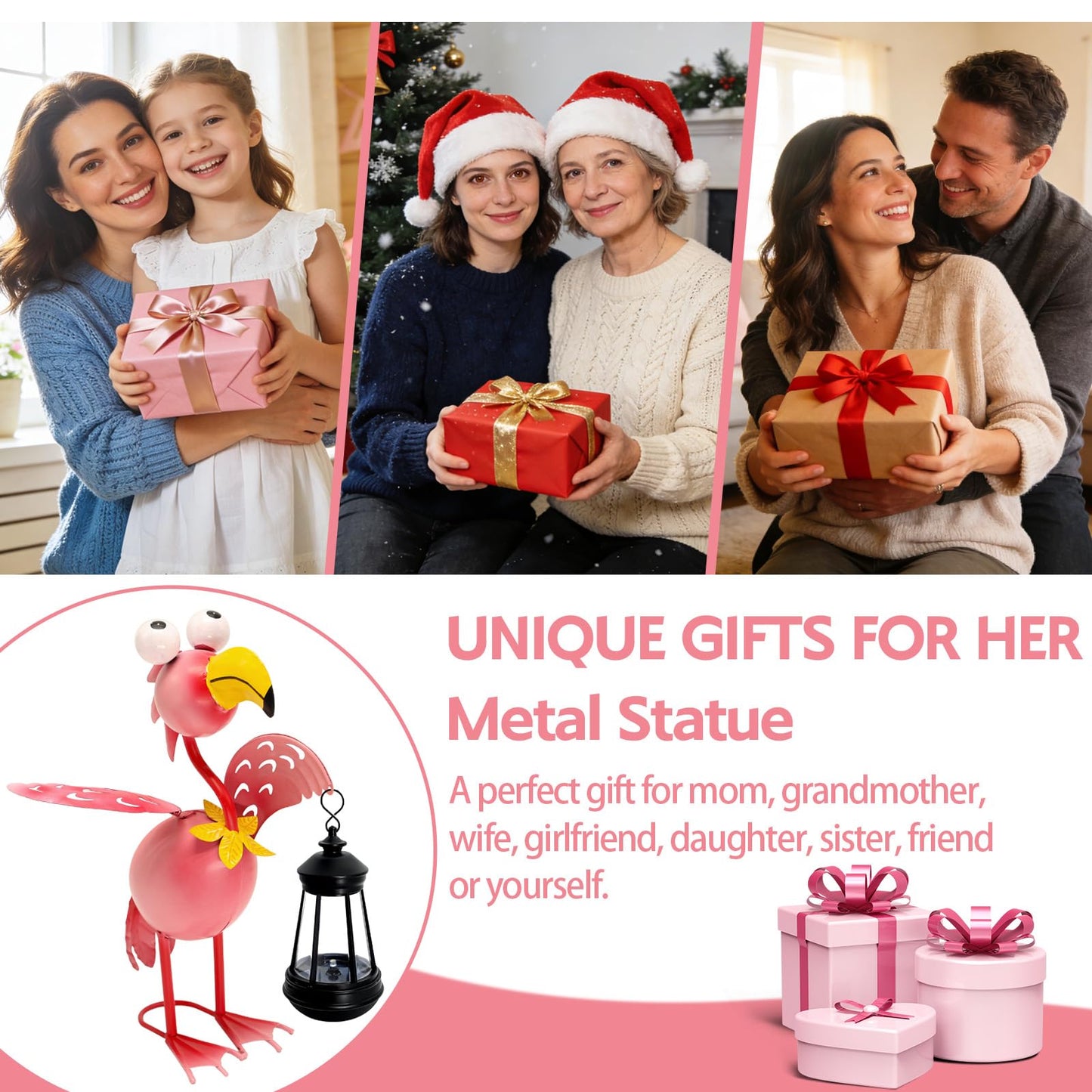Solar Garden Lights Flamingo Statue with Solar Lantern, Flamingo Decor Fairy Accessories, Mothers Day Birthday Gifts for Women Mom Grandma, Big Metal Decorative Stakes for Home Patio Porch Yard Art