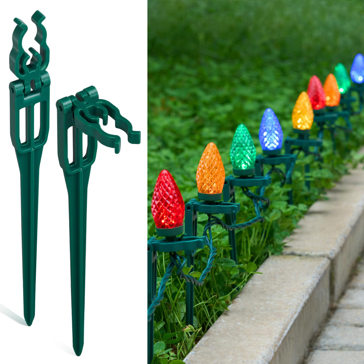 SURAIELEC 50 PCS Christmas Light Stakes, 9.5" Tall Stakes for C7 C9 Christmas Lights Outdoor, Univeral Plastic Light Stakes for Yard, Holiday Decorations, Pathway, Driveway, Lawn, Green