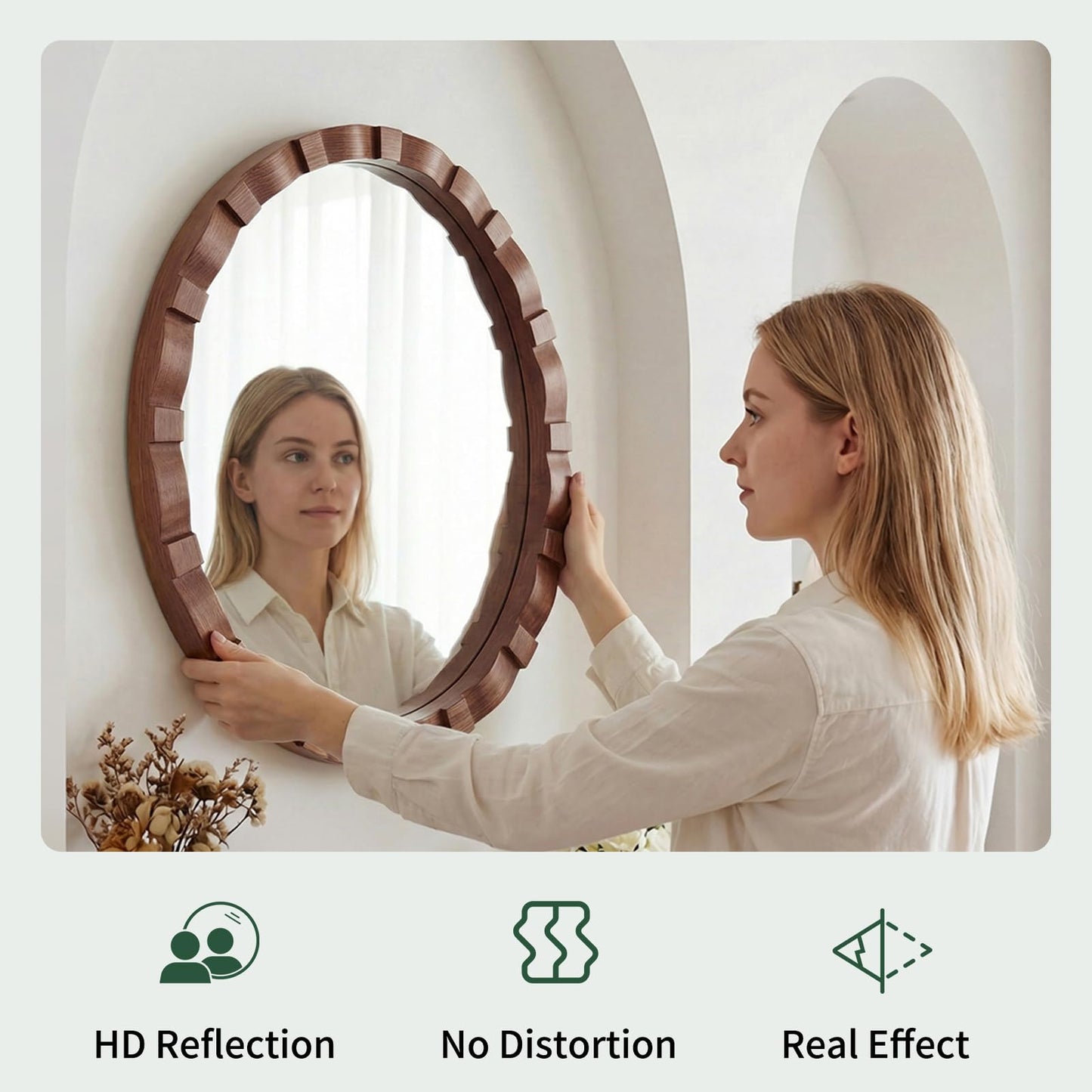 MYOTA Round Wood Wall Mirror - 31.5" Farmhouse Rustic Wall Decorative Mirrors, Wooden Circle Boho Accent Mirror for Living Room, Bedroom, Bathroom, Entryway, Hallway, Fireplace (Walnut)