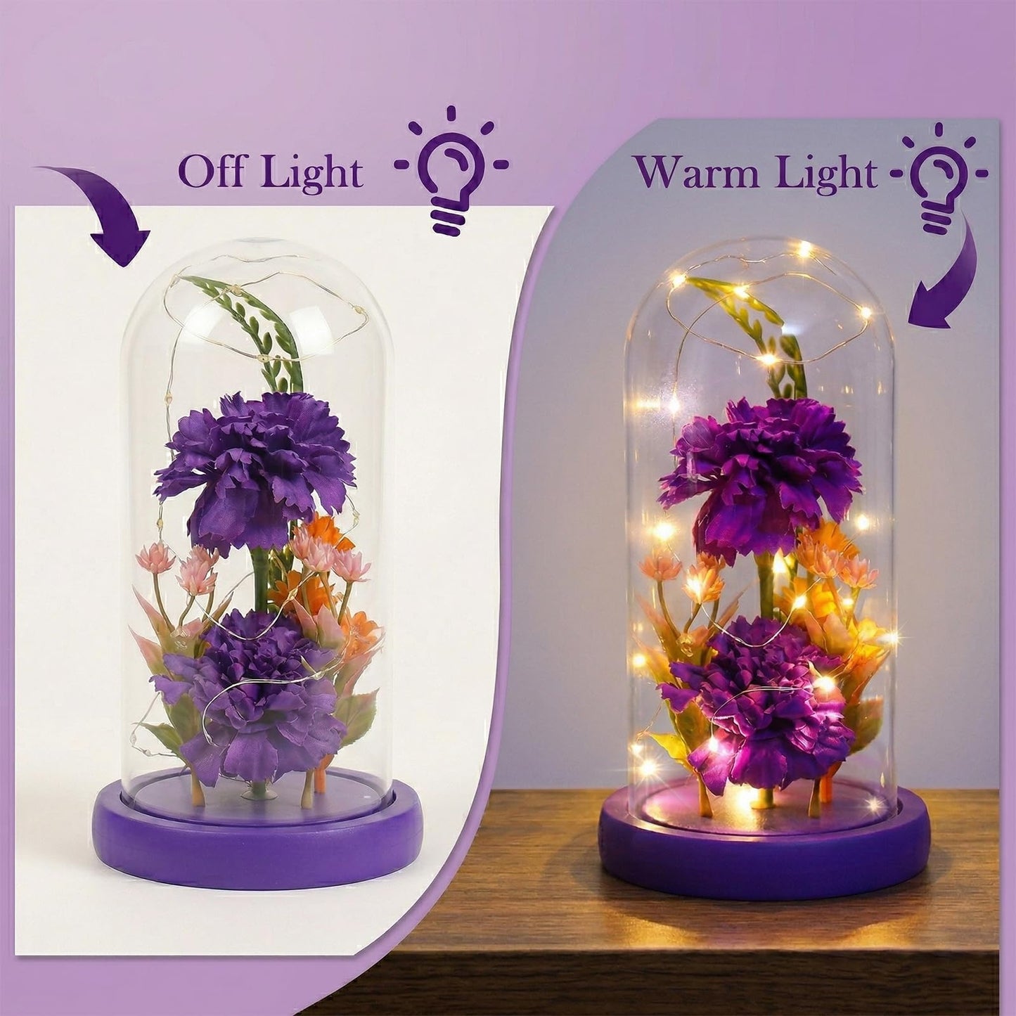 Strackvial Galaxy Glass Carnation Forever Preserved Flower with Light, Valentines Day Birthday Gift for Women, Mom, Wife, Girlfriend, Light Up Carnation in Glass Dome for Mothers Day
