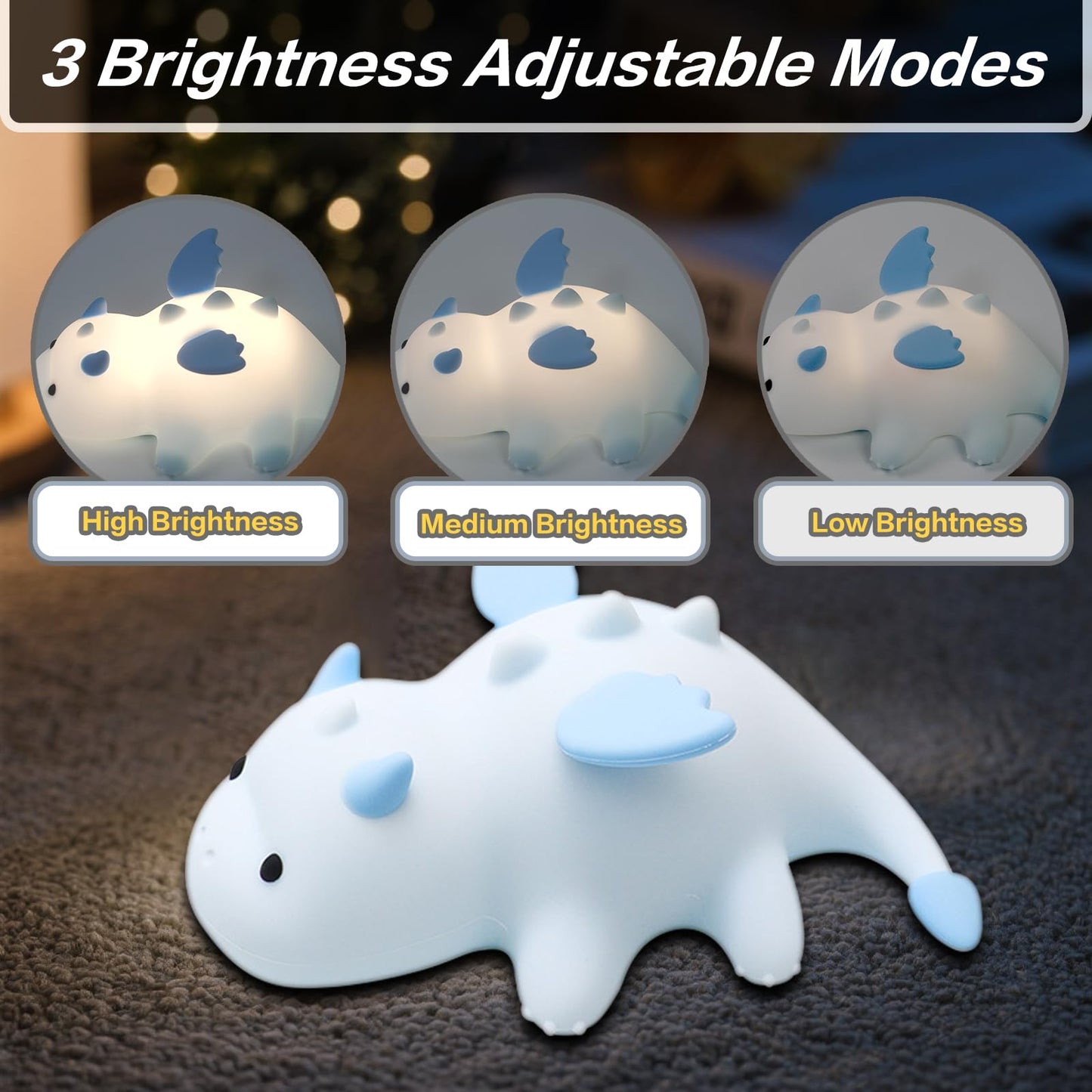 Yesinaly Cute Silicone Night Light for Kids - Touch Control LED Nursery Lamp for Baby Toddler Bedroom, Portable Battery Powered Nightlight for Nursery Nightstand - Dragon Design, Blue