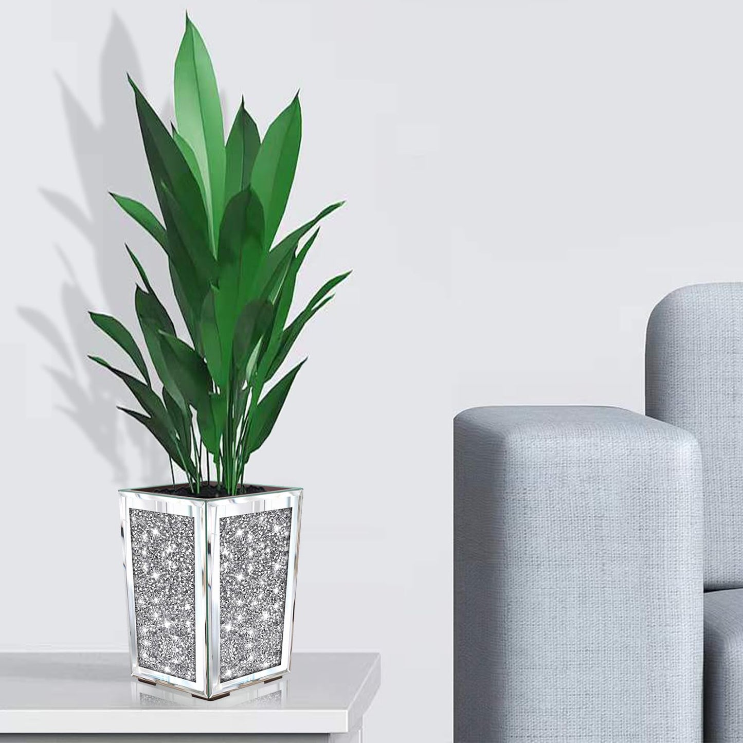 Meetart Crushed Diamond Mirrored Planter, Crystal Silver Glass Decorative Mirror Luxury Flower Pot ，with Drainage Hole and Tray for All House Plants, Succulents, Flowers, and Cactus.