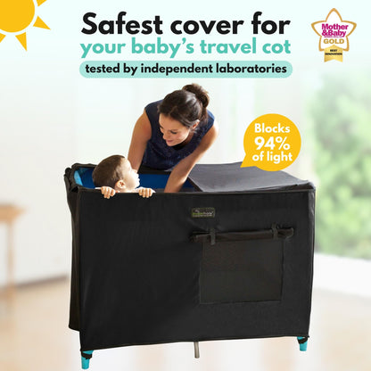 SnoozeShade Travel Cot Blackout Cover and Sleep Canopy Breathable Baby Mesh Blocks 94% of Light, Universal Fit for Holiday Cribs Nursery Mosquito Protection and Naps Away from Home