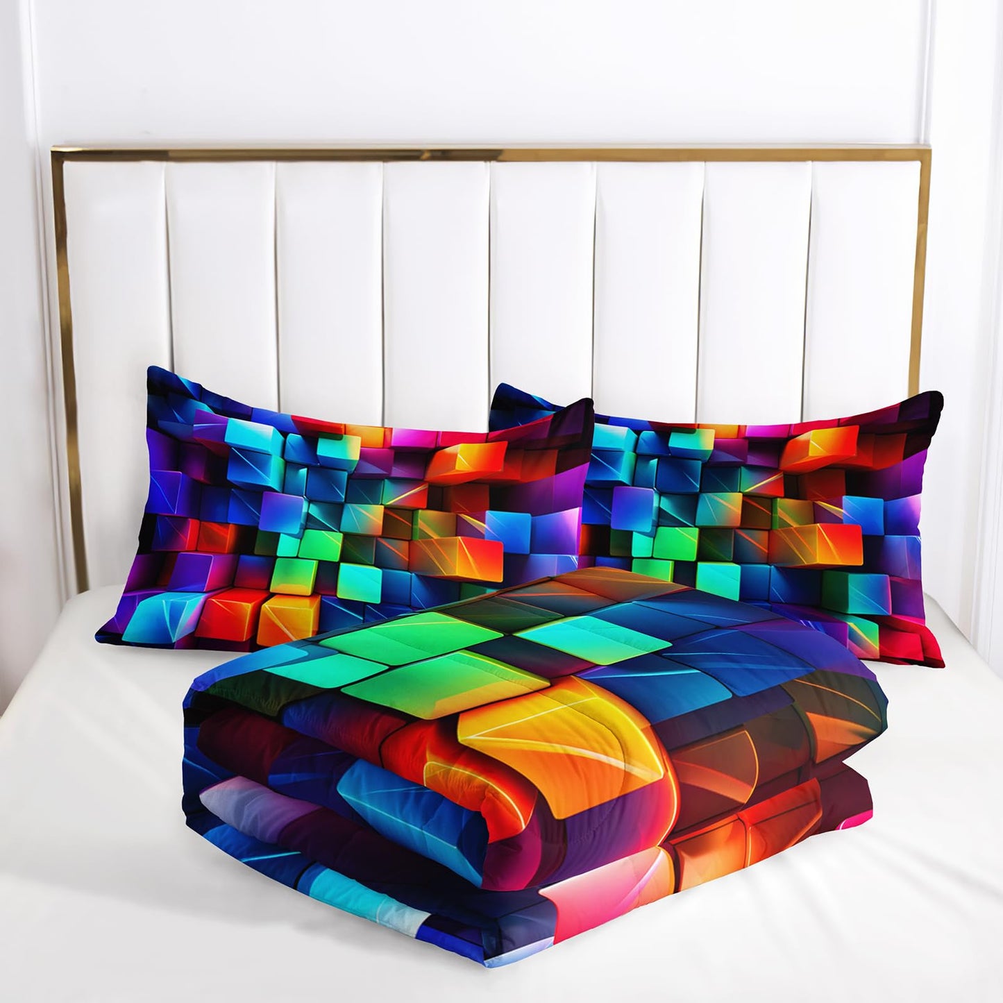 lneffble Colorful Checkered Comforter Set Queen，3D Checkered Chic Gingham Bedding Set Queen with 1 Comforter with 2 Pillow Case