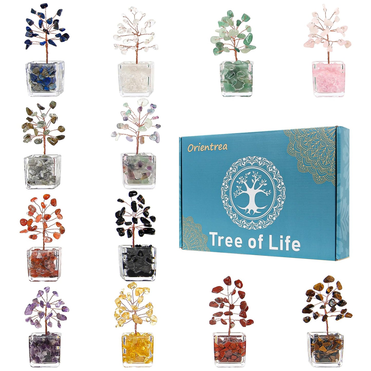 Orientrea 12Pcs Mini Crystal Tree Set, Healing 7 Chakra Tree of Life for Office & Home Decor, Positive Energy, Crystals and Healing Stones for Women, Sister, Mom, Coworkers
